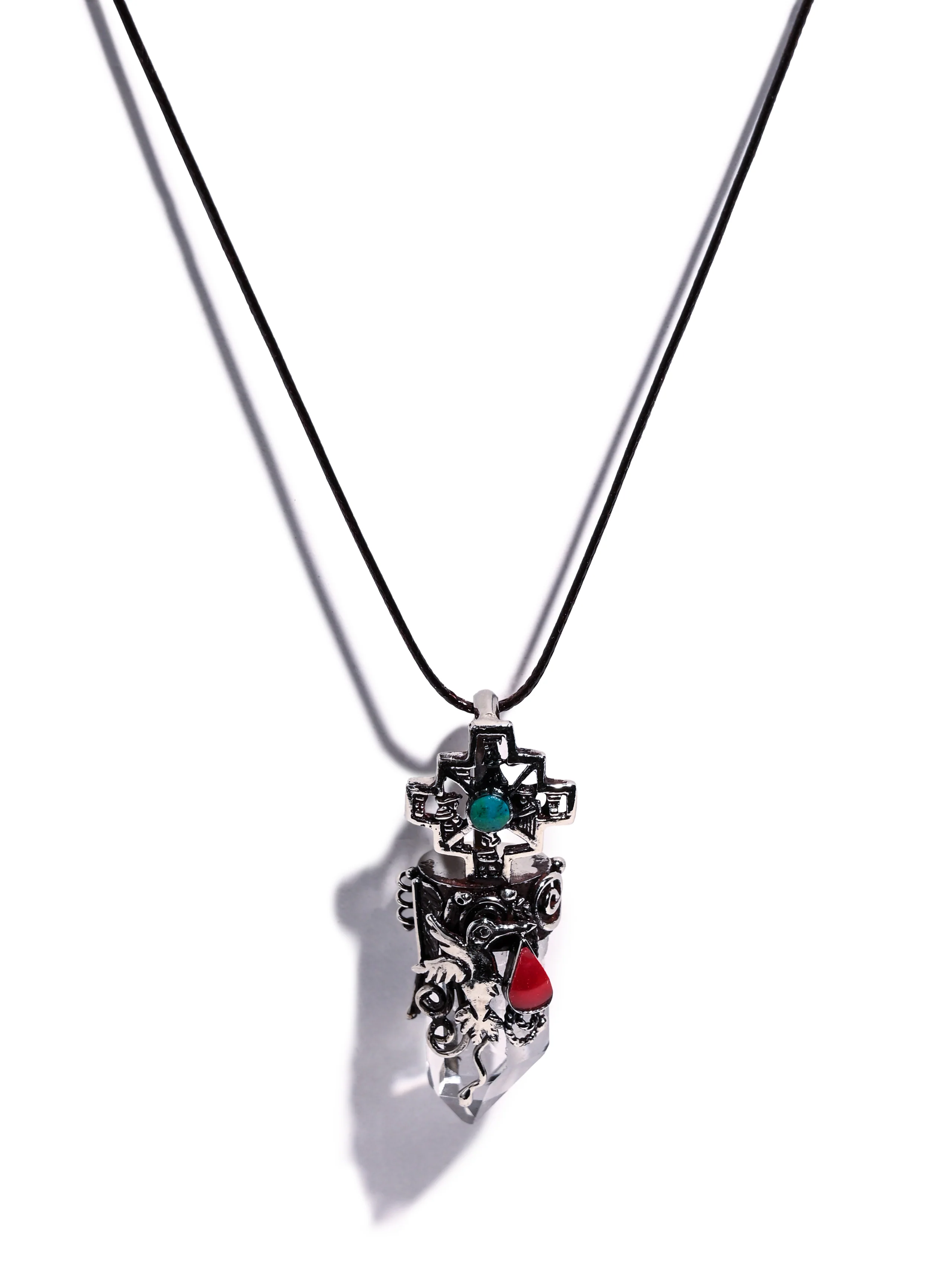 950 Peruvian Silver, Stone and Crystal Pendant Necklace - Hummingbird and Chakana
