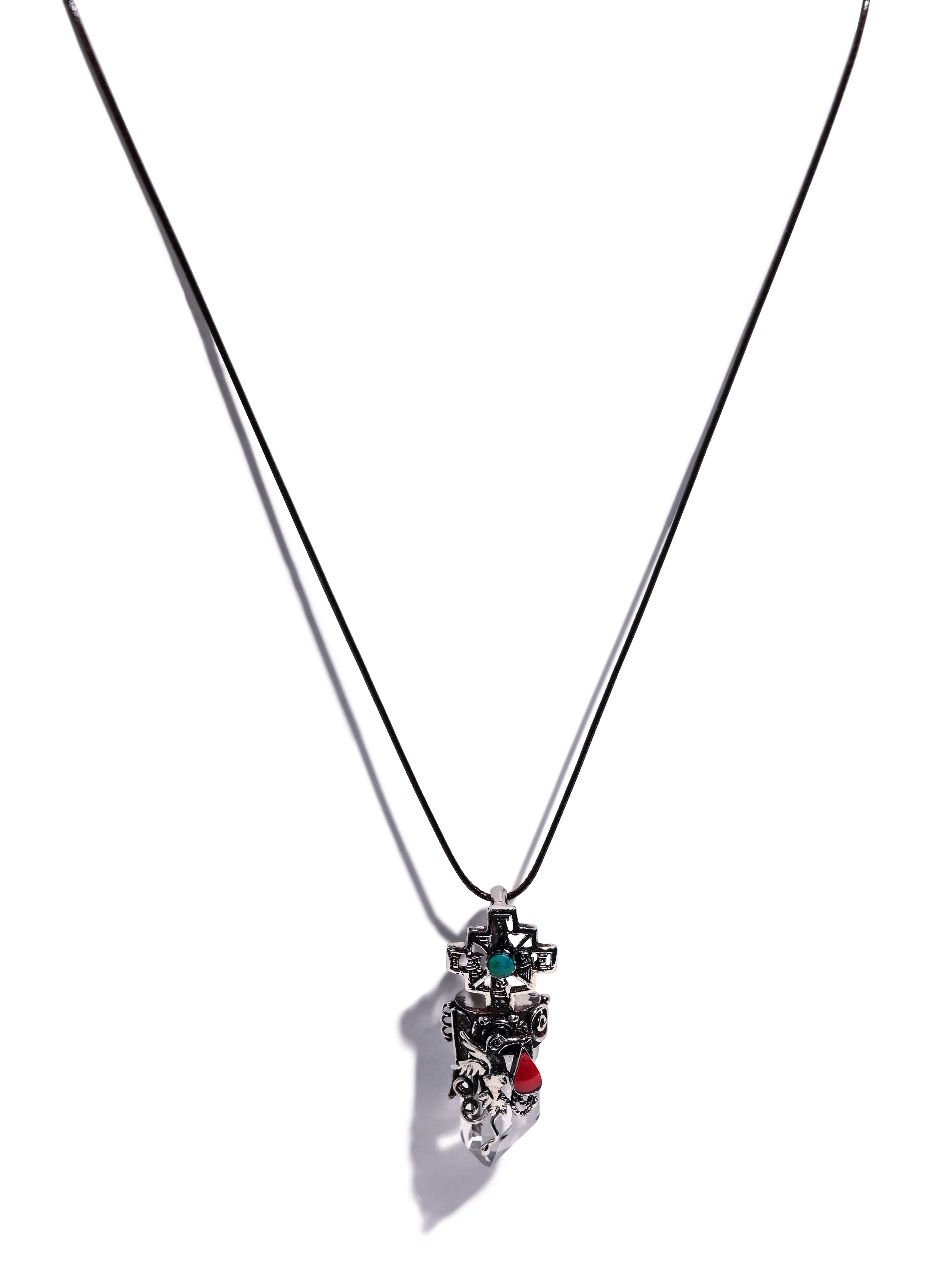 950 Peruvian Silver, Stone and Crystal Pendant Necklace - Hummingbird and Chakana - Image 3