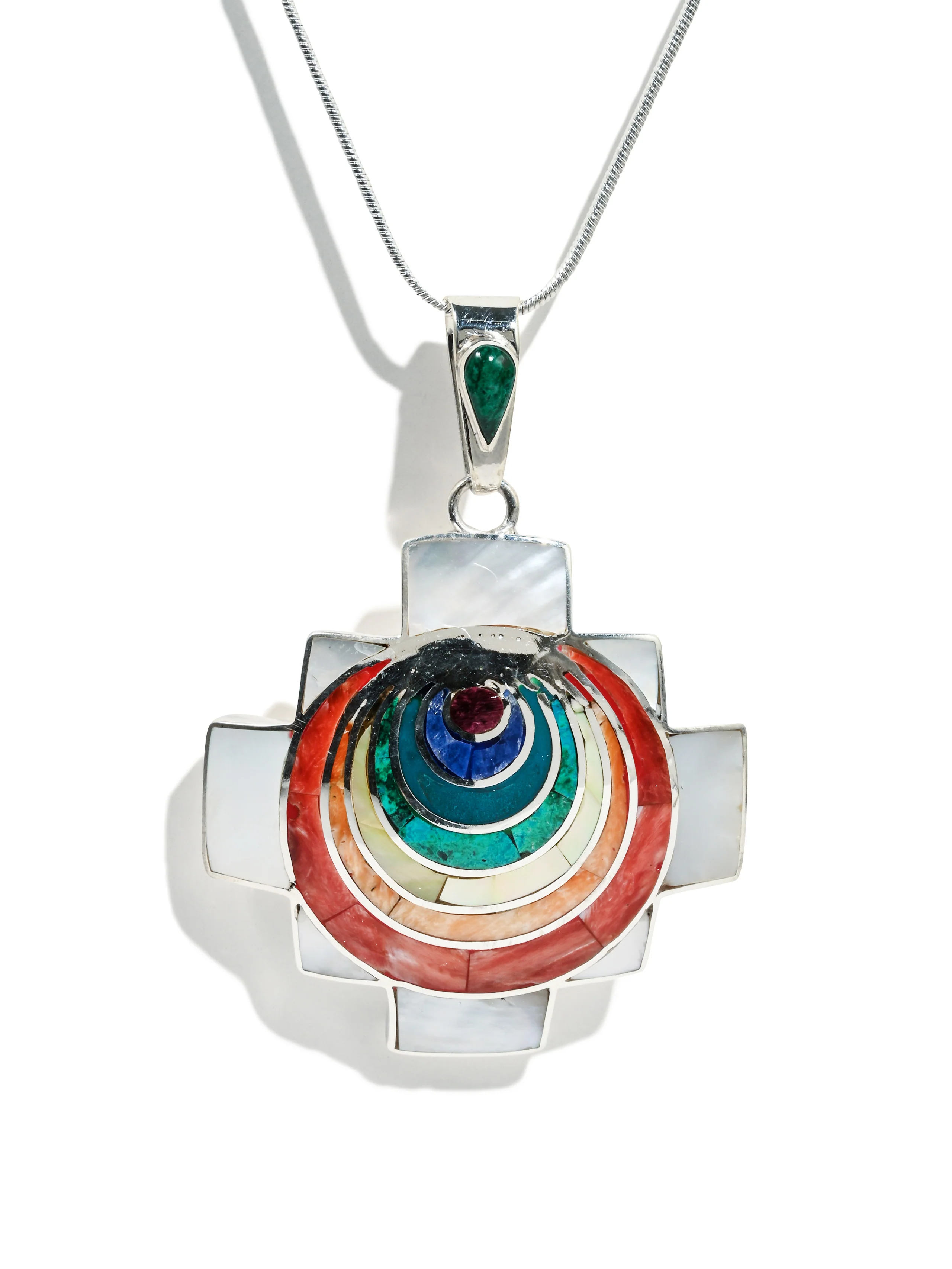 Sterling Silver Peruvian Shell and Stone Chakana Chakra Necklace - Image 2