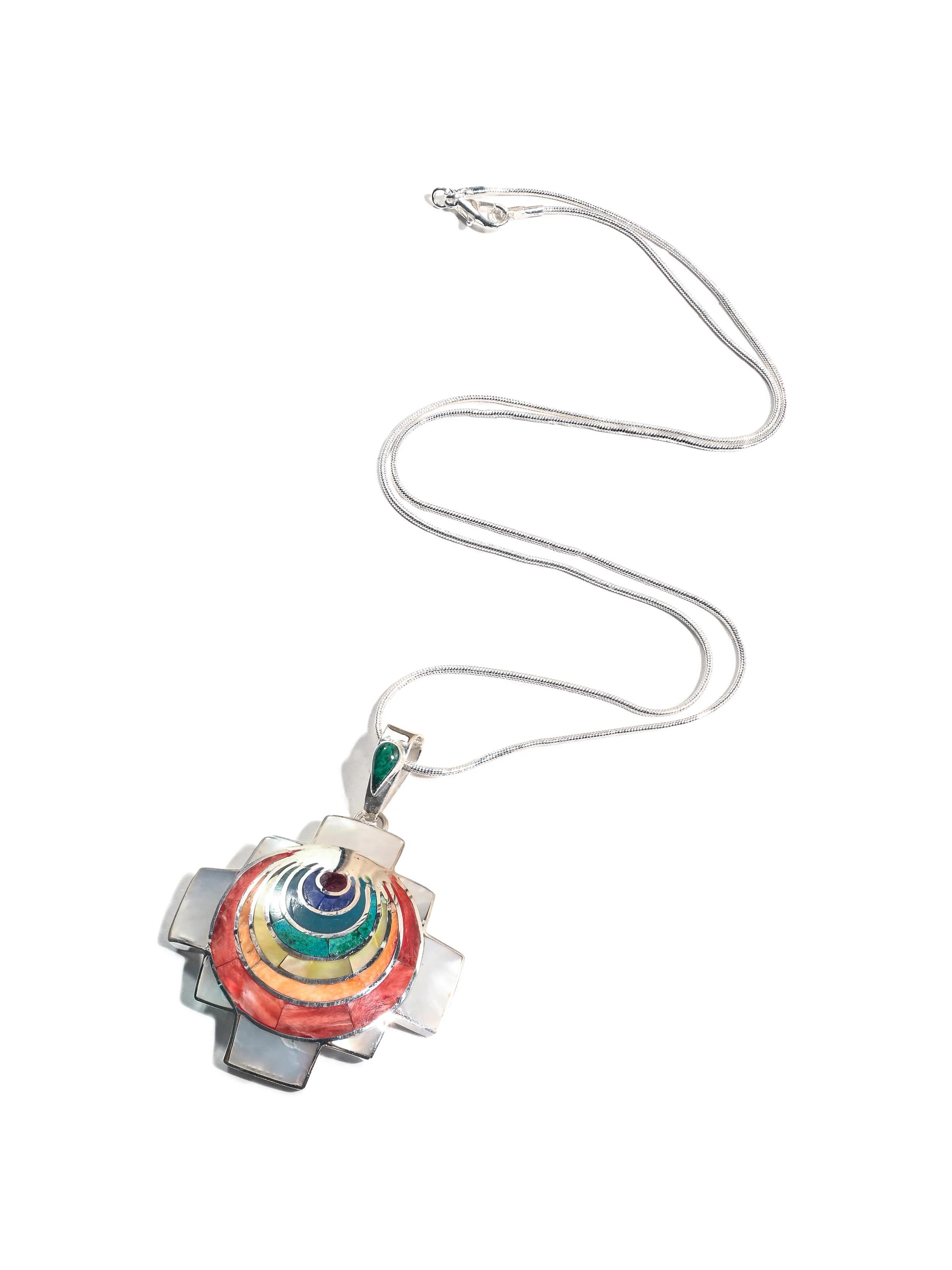 Sterling Silver Peruvian Shell and Stone Chakana Chakra Necklace - Image 3