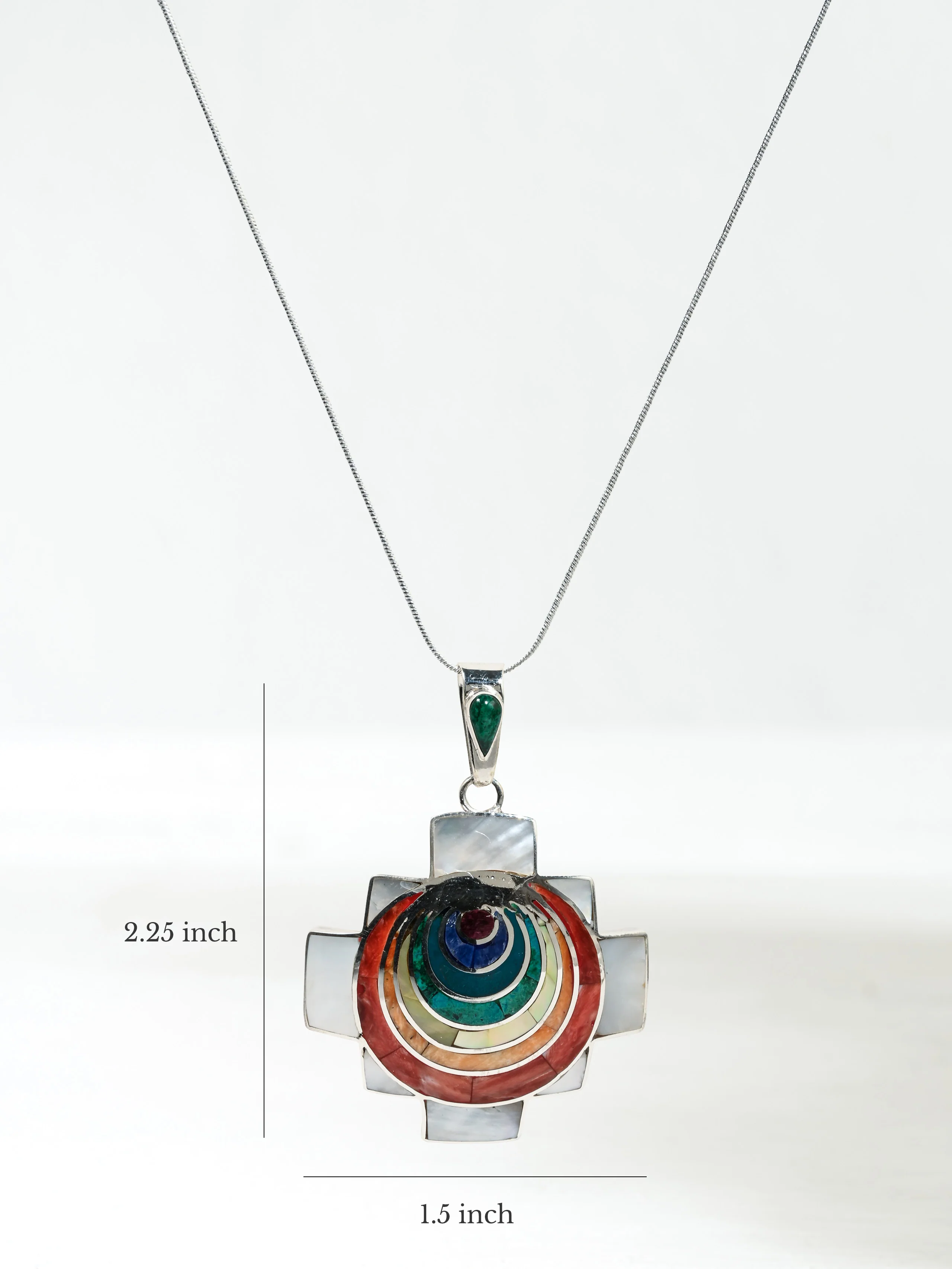 Sterling Silver Peruvian Shell and Stone Chakana Chakra Necklace - Image 4