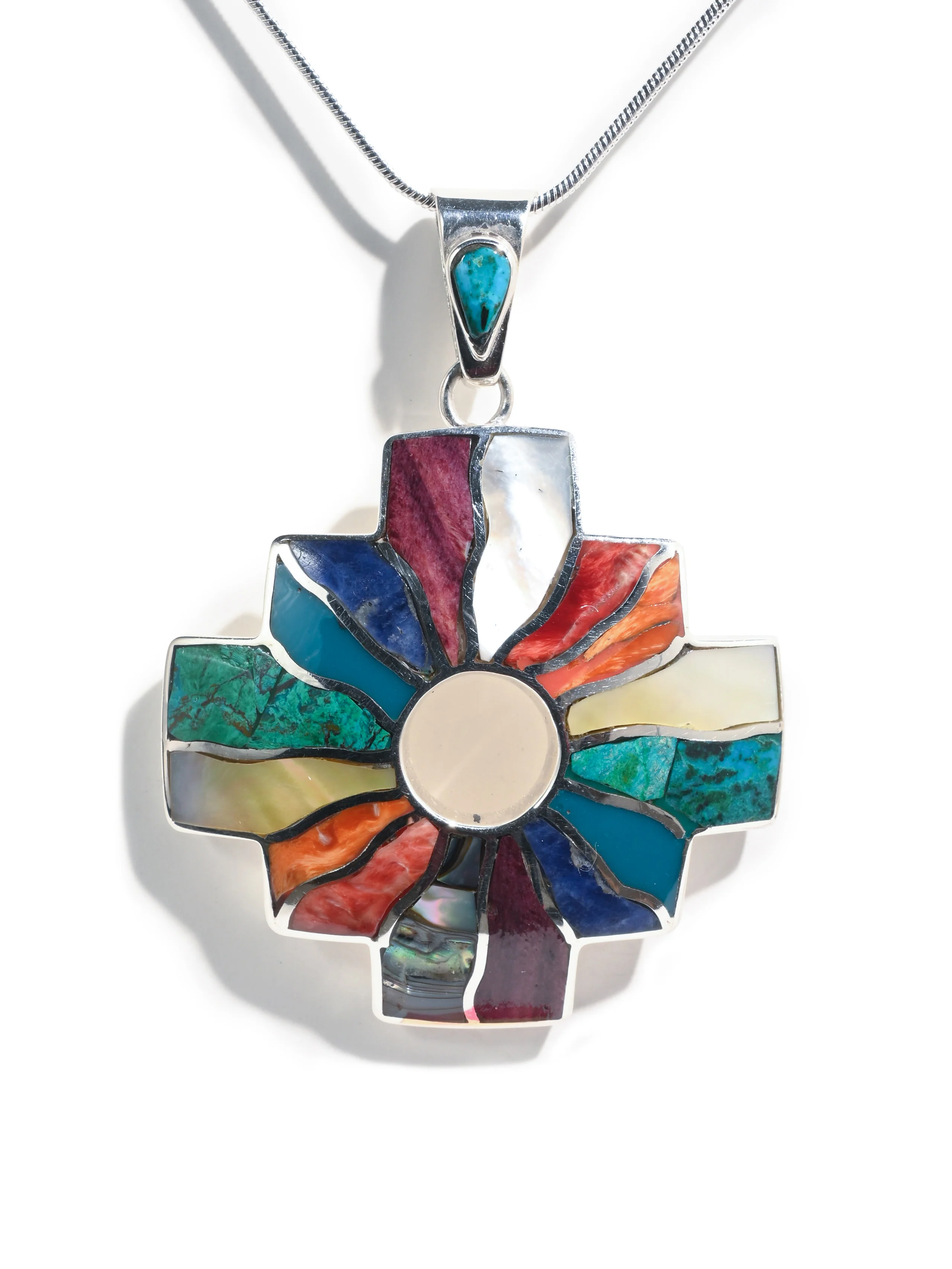 Shell and Stone Inlay Peruvian Chakana Pendant Necklace - 950 Sterling Silver - Image 2