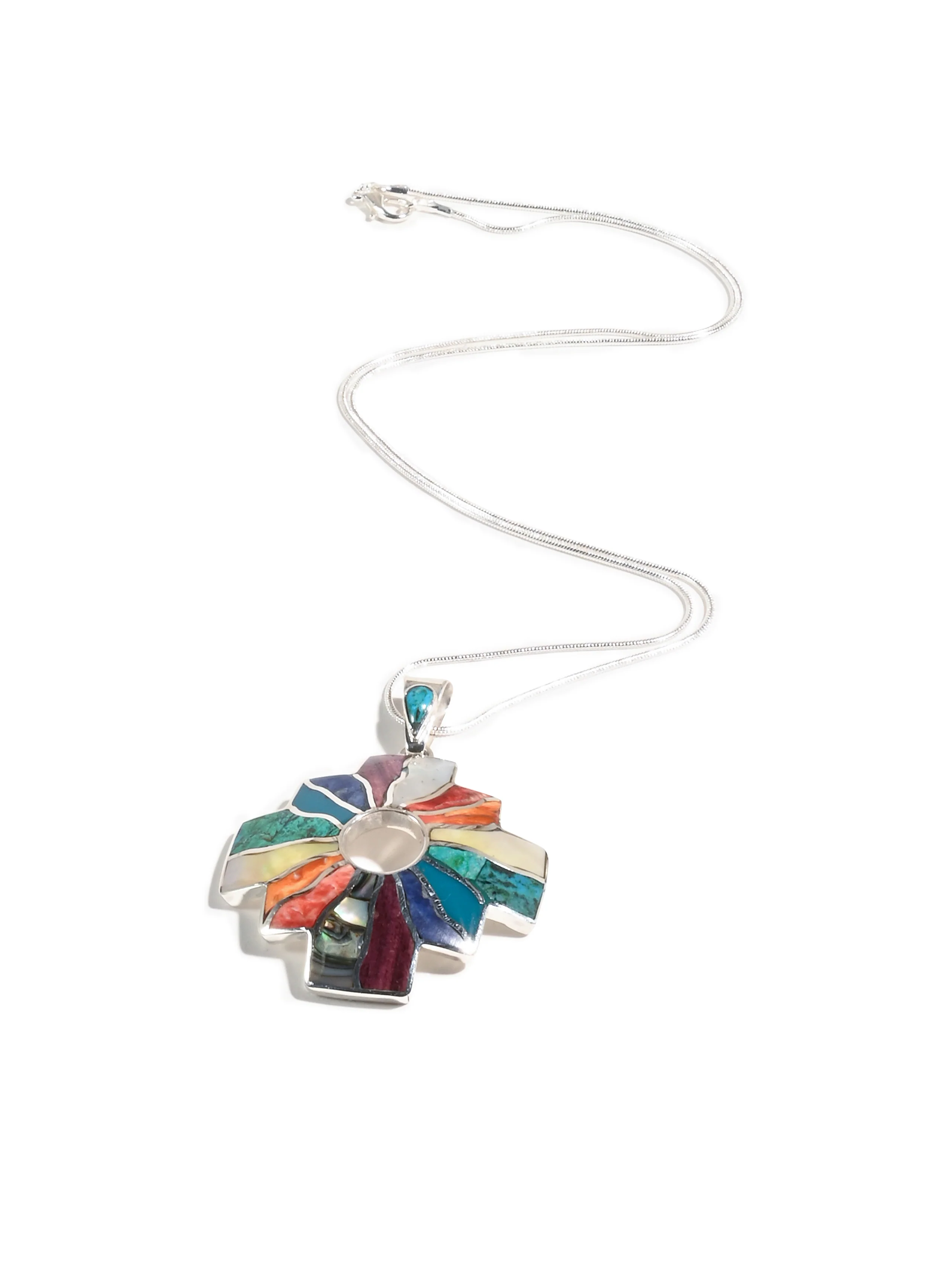 Shell and Stone Inlay Peruvian Chakana Pendant Necklace - 950 Sterling Silver - Image 3