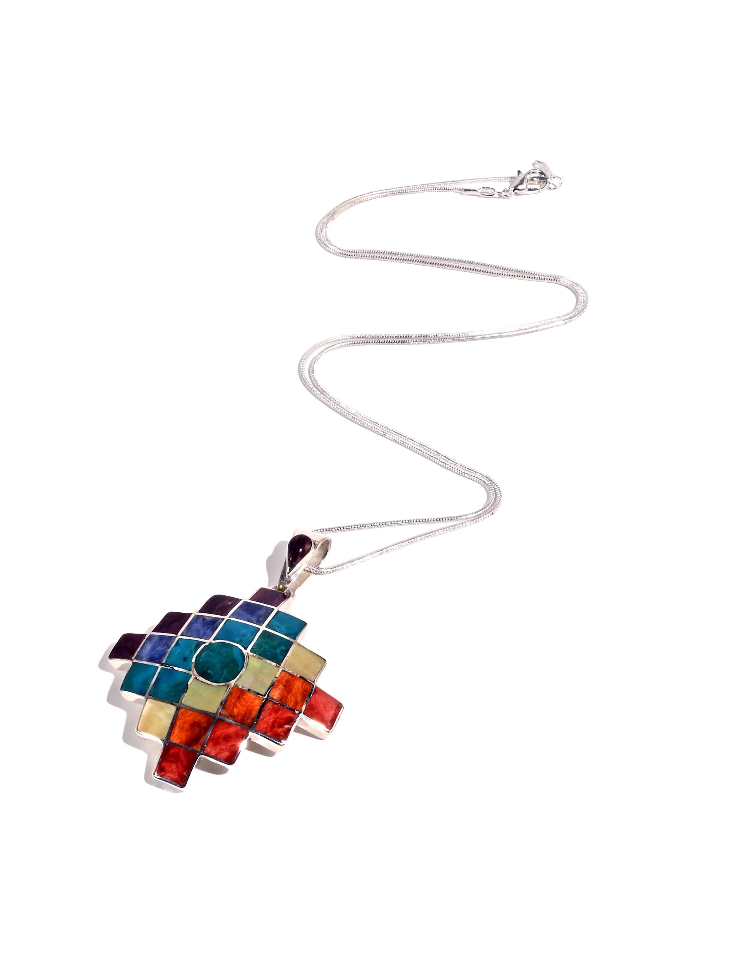 Peruvian Shell and Stone Inlay Chakana Pendant - 950 Sterling Silver - Image 2