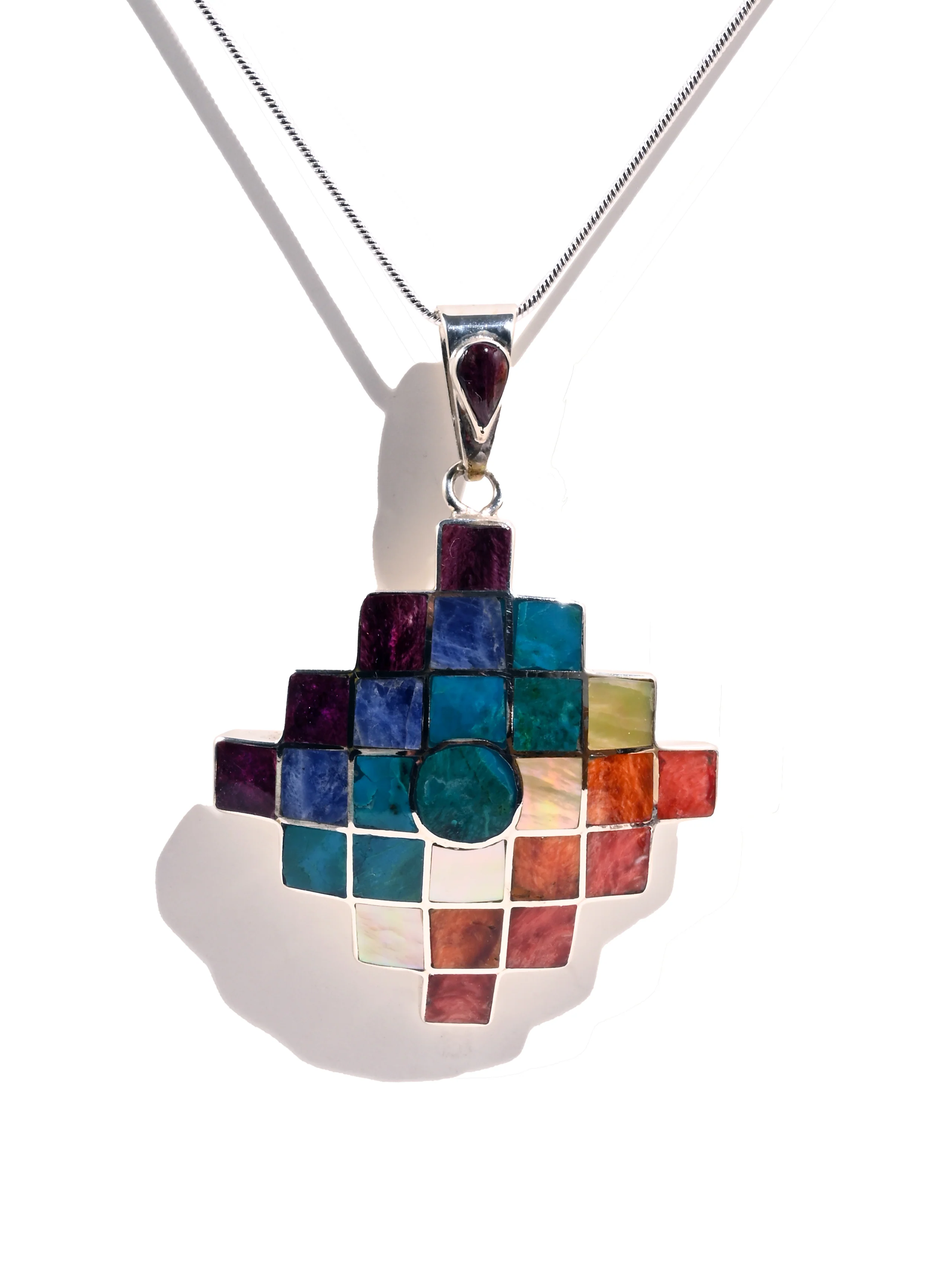 Peruvian Shell and Stone Inlay Chakana Pendant - 950 Sterling Silver - Image 3