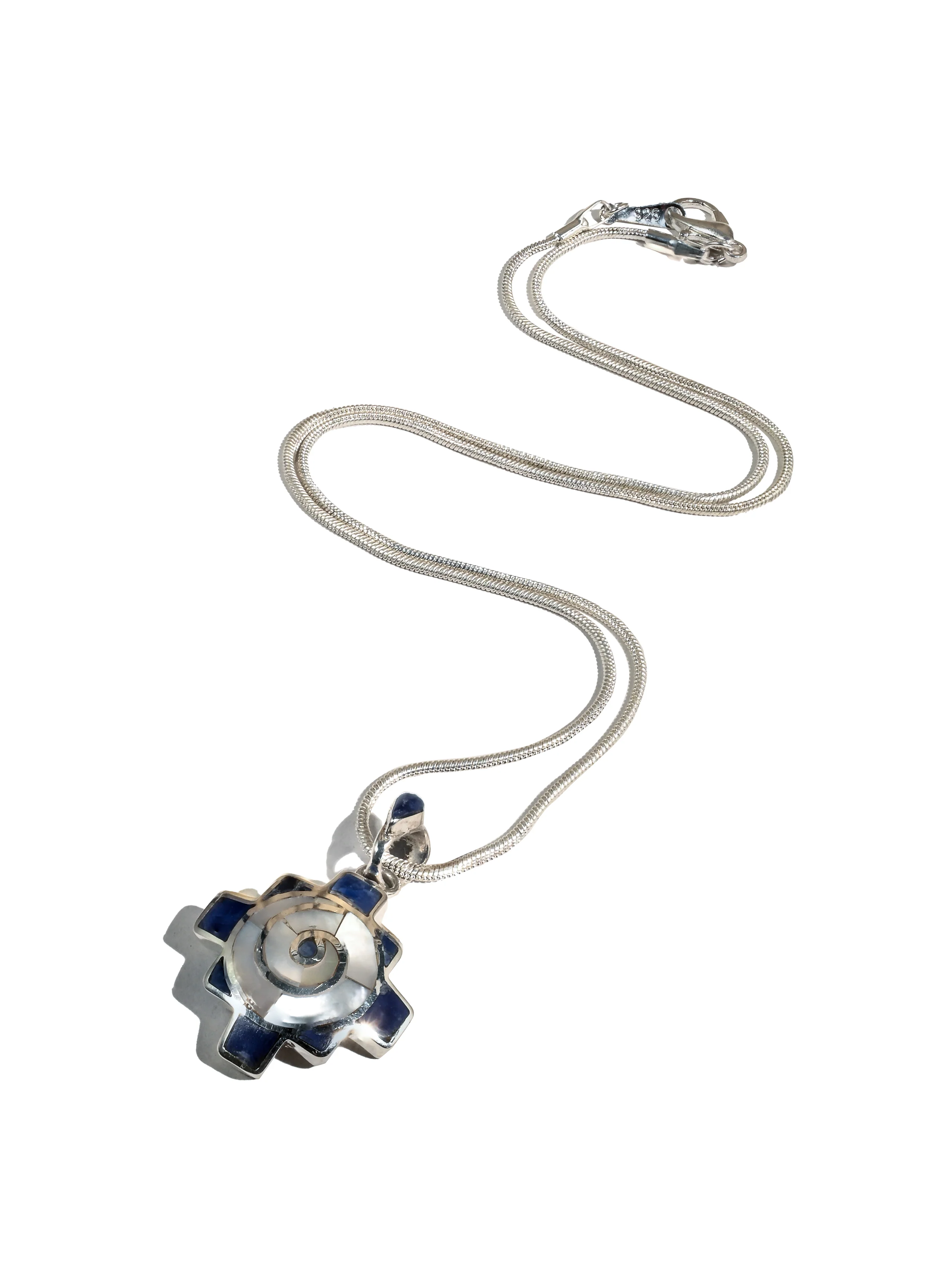 Peruvian Chakana Spiral Pendant Necklace - 950 Sterling Silver Shell Inlay - Image 3