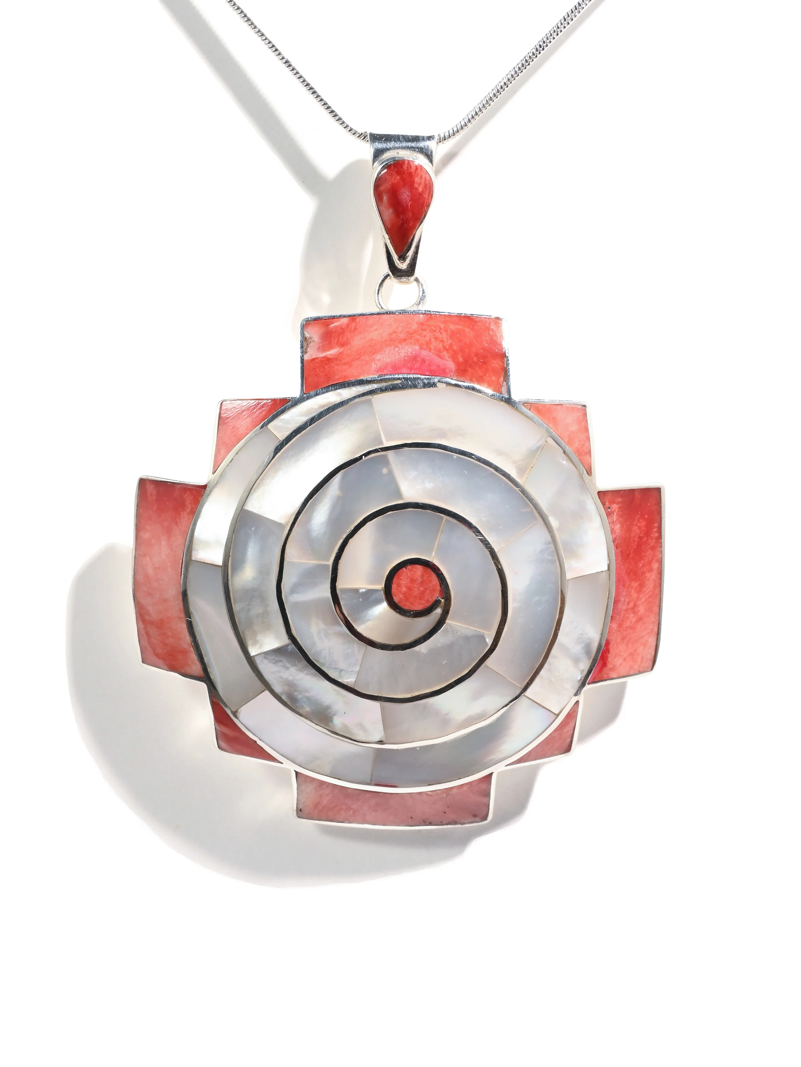 Peruvian Chakana Spiral Shell Inlay Pendant Necklace - Sterling Silver - Image 3