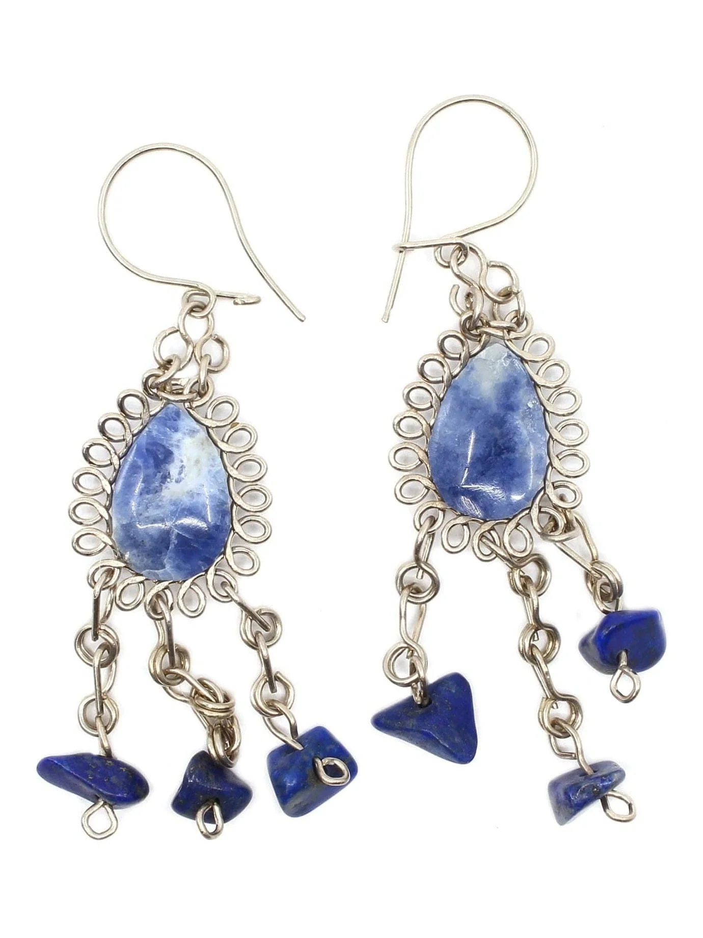 Alpaca Silver Wire Pierced Earrings Lapis Lazuli Teardrop and Stones - Image 2