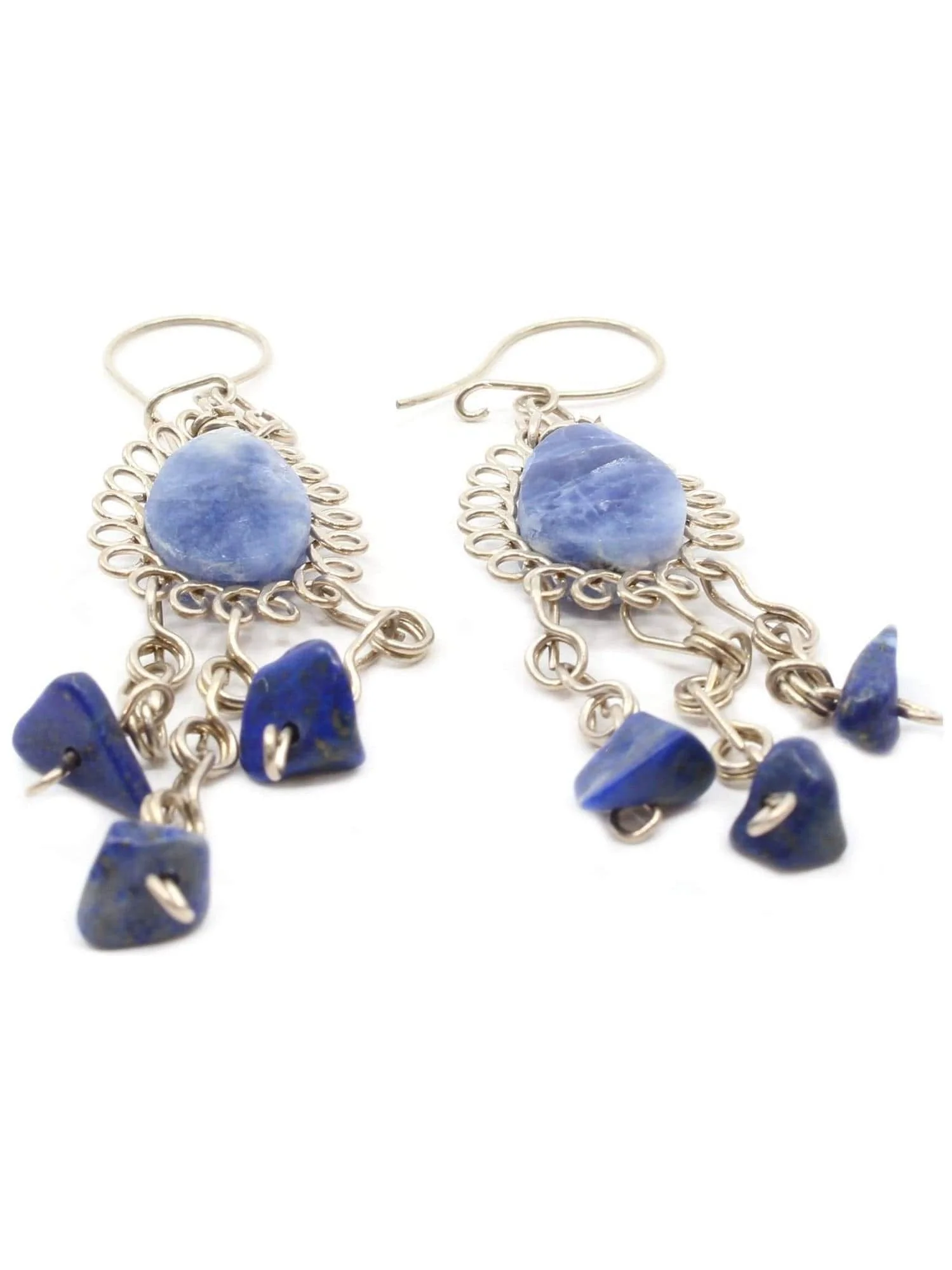 Alpaca Silver Wire Pierced Earrings Lapis Lazuli Teardrop and Stones - Image 3