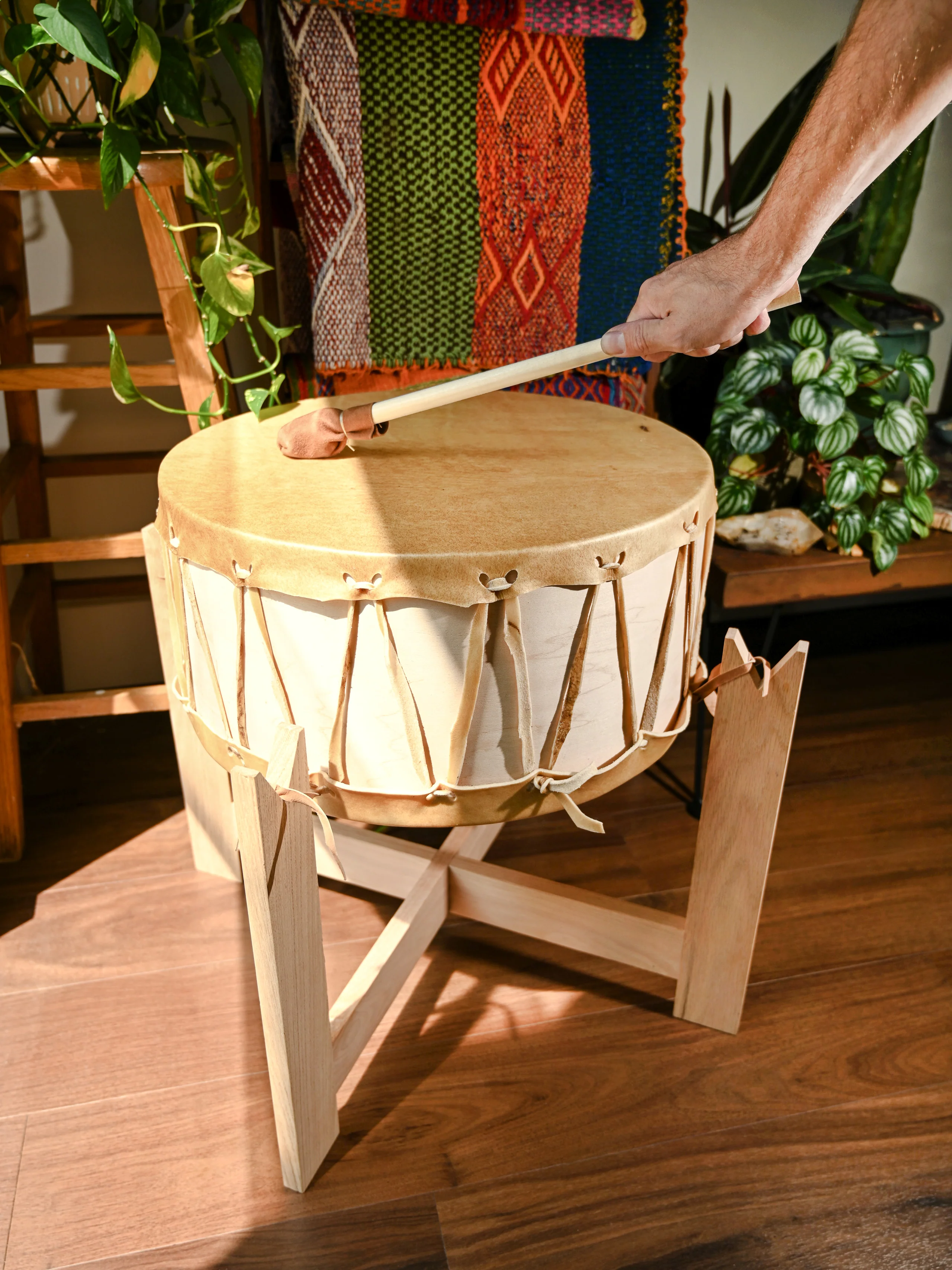 Ceremonial Native American Style Buffalo Hide Double-Sided Drum with Stand - Image 7