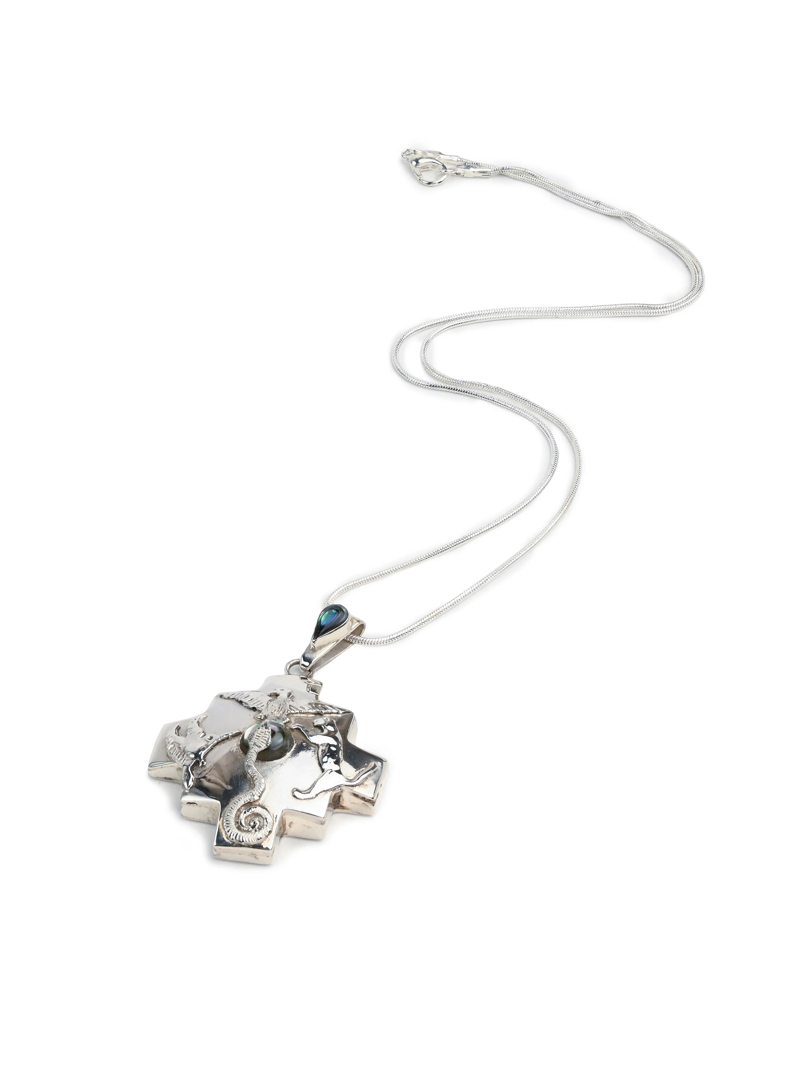 Peruvian Chakana Four Directions Totem & Abalone Pendant Necklace - Sterling Silver - Image 3