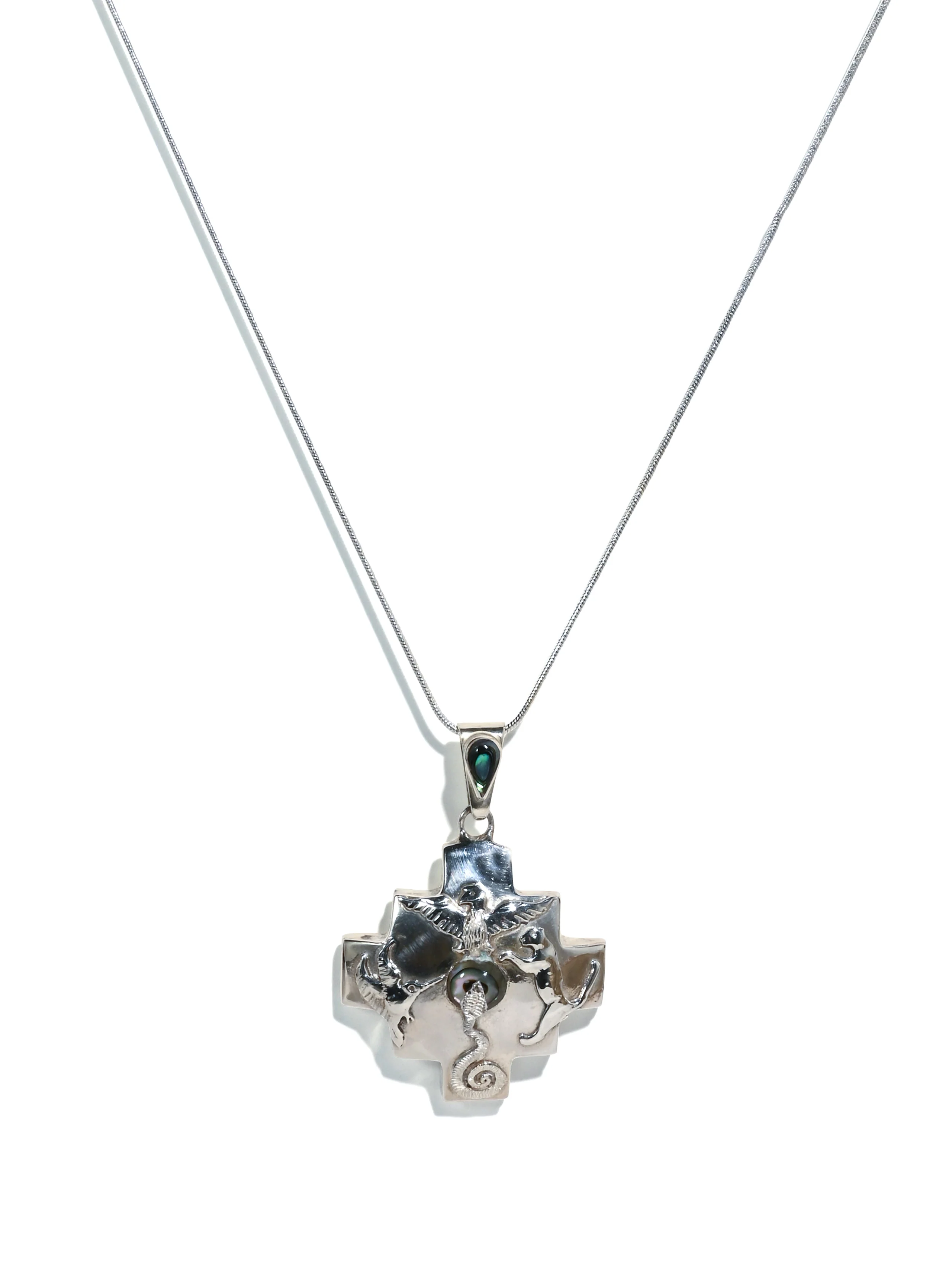 Peruvian Chakana Four Directions Totem & Abalone Pendant Necklace - Sterling Silver - Image 6