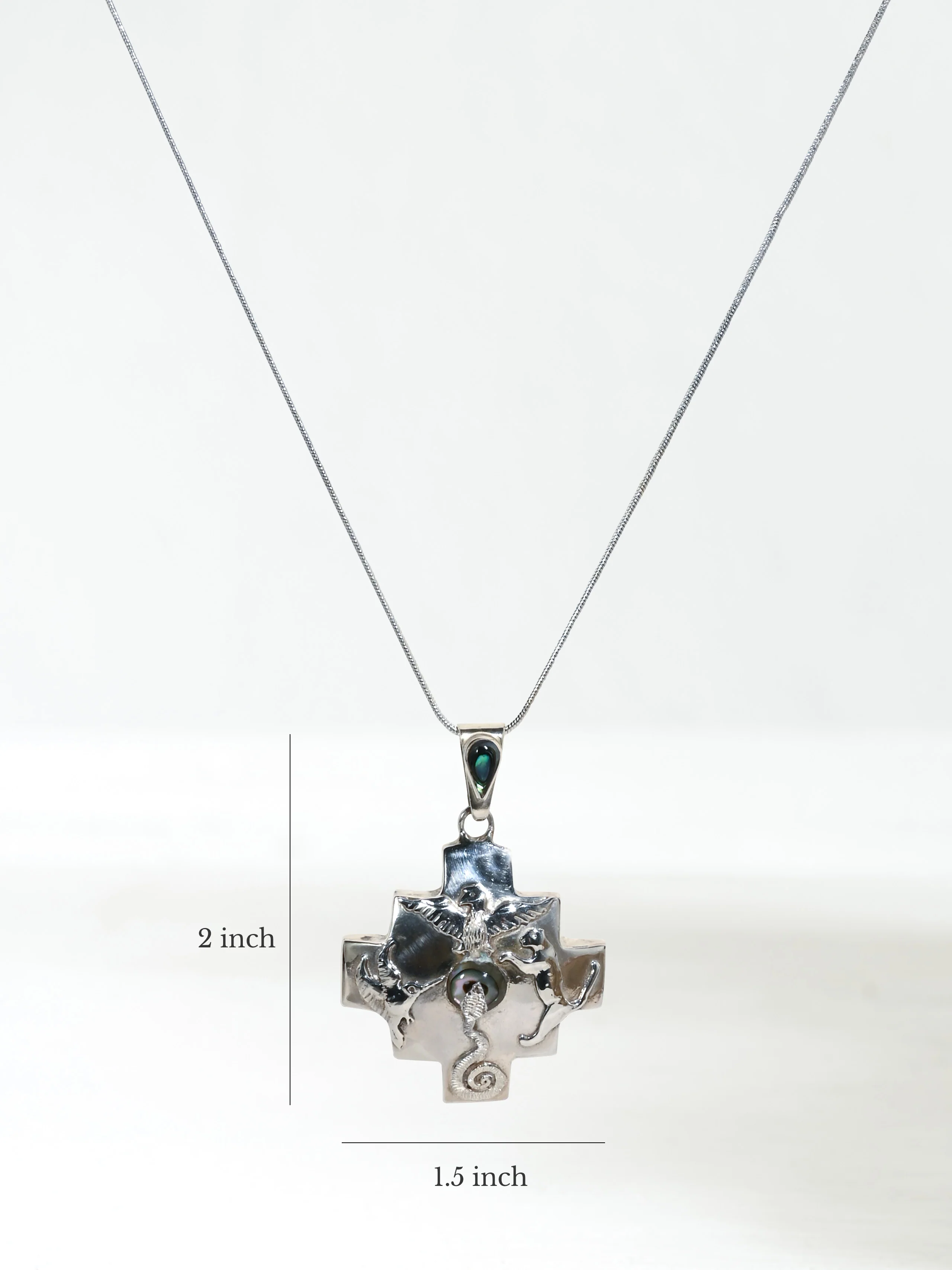 Peruvian Chakana Four Directions Totem & Abalone Pendant Necklace - Sterling Silver - Image 8