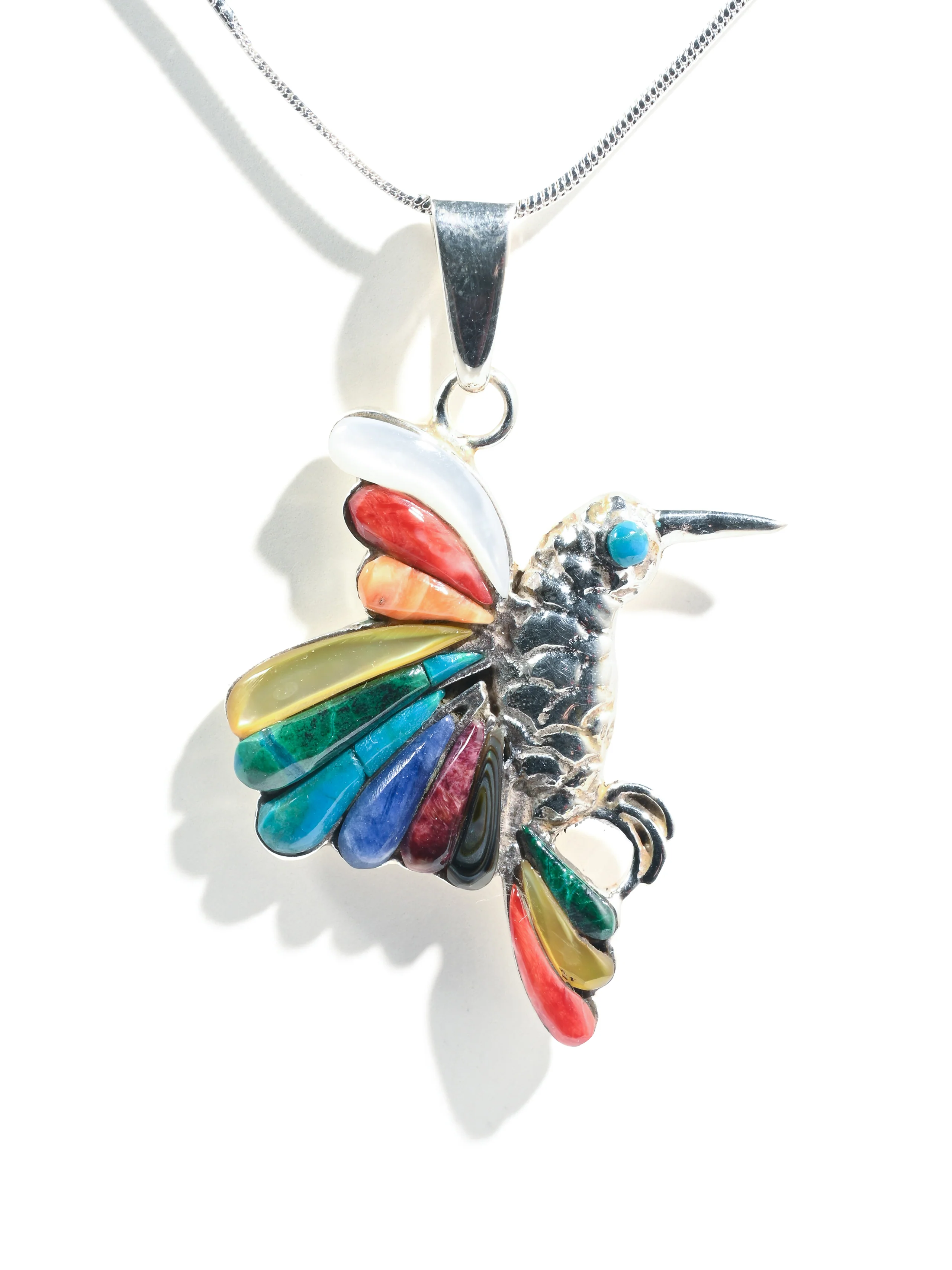 Peruvian Sacred Hummingbird - Sterling Silver Shell and Stone Inlay - Image 4
