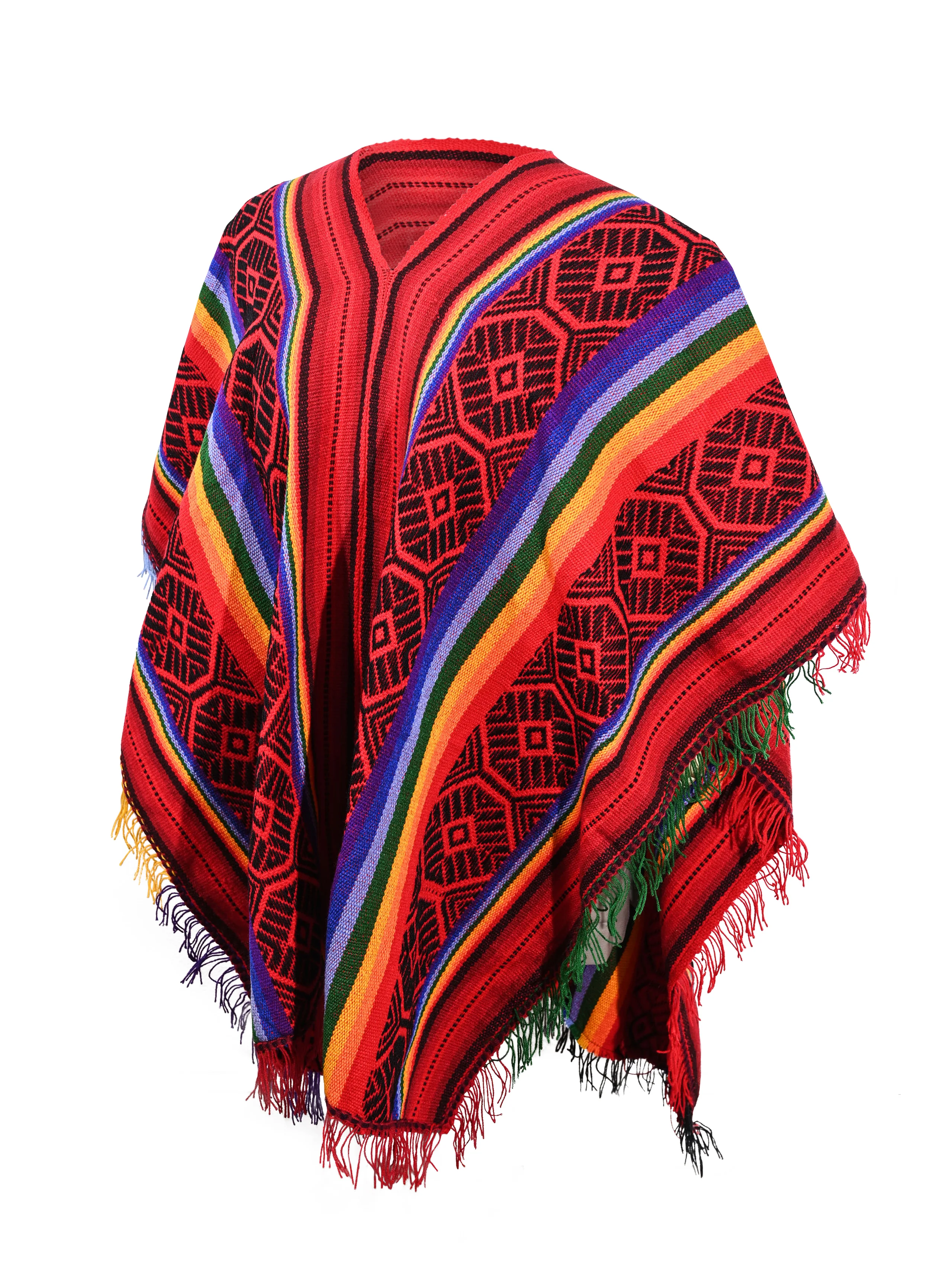Peruvian Traditional Wool Blend Poncho - Red/Black/Rainbow - Image 2