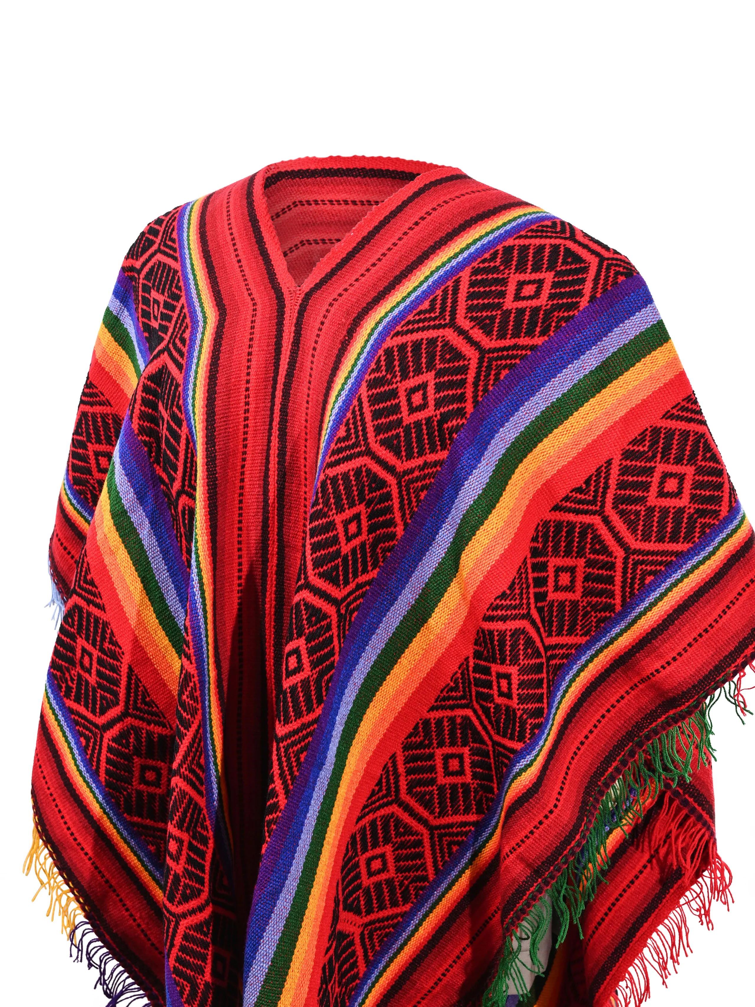 Peruvian Traditional Wool Blend Poncho - Red/Black/Rainbow - Image 3