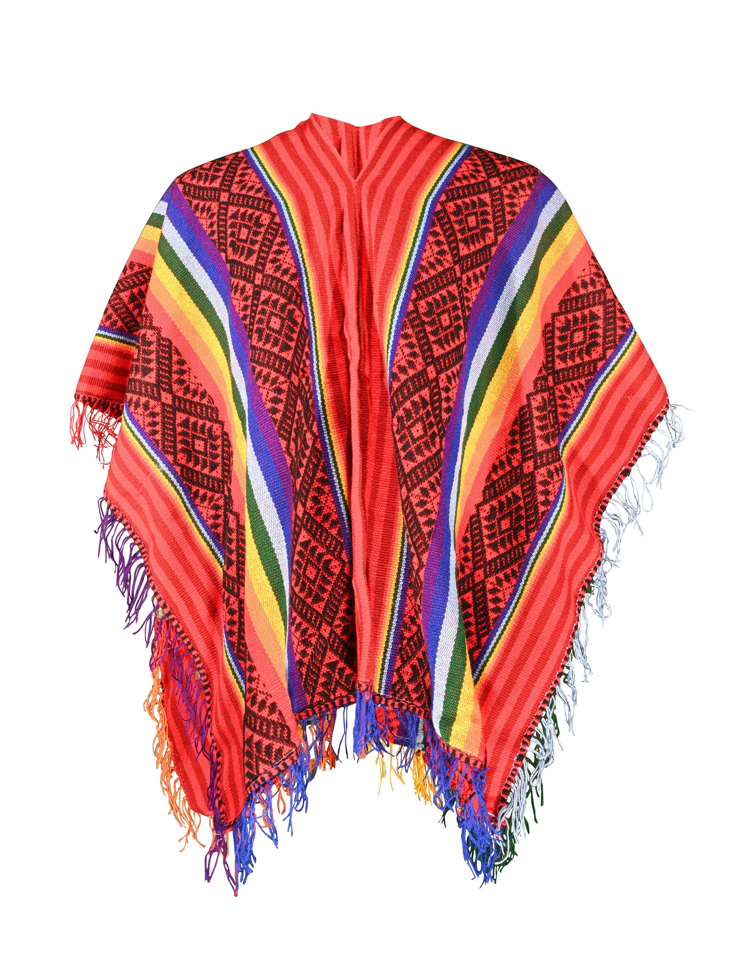 Peruvian Traditional Wool Blend Poncho - Red/Black/Rainbow - Image 6