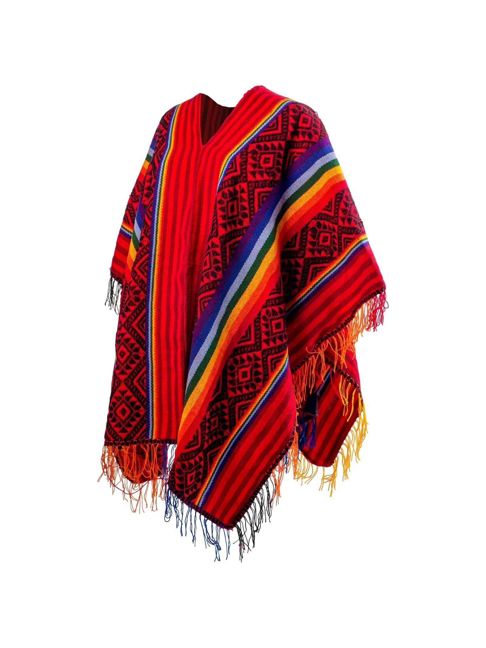 Peruvian Traditional Wool Blend Poncho - Red/Black/Rainbow - Image 7