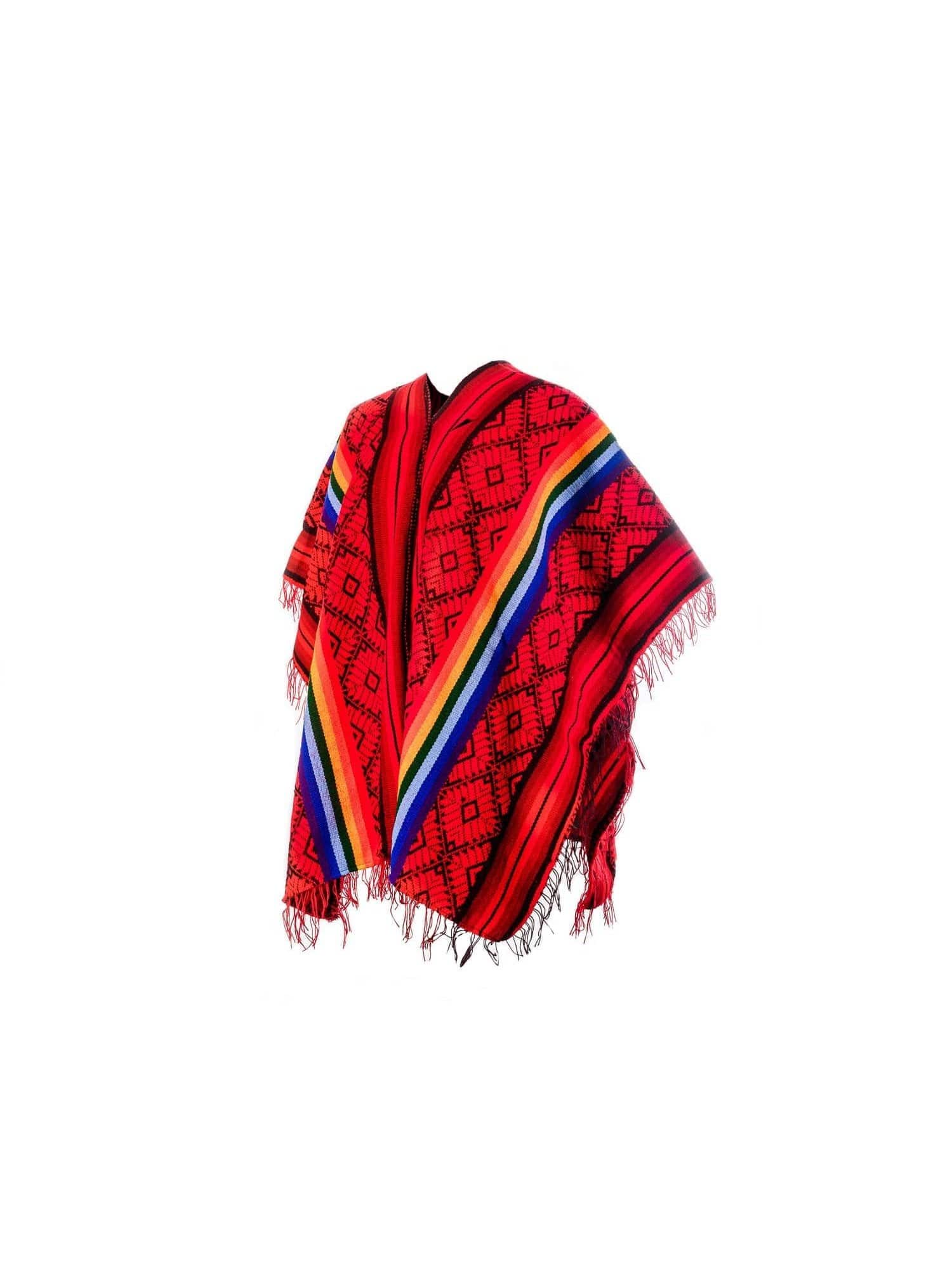 Peruvian Traditional Wool Blend Poncho - Red/Black/Rainbow - Image 8