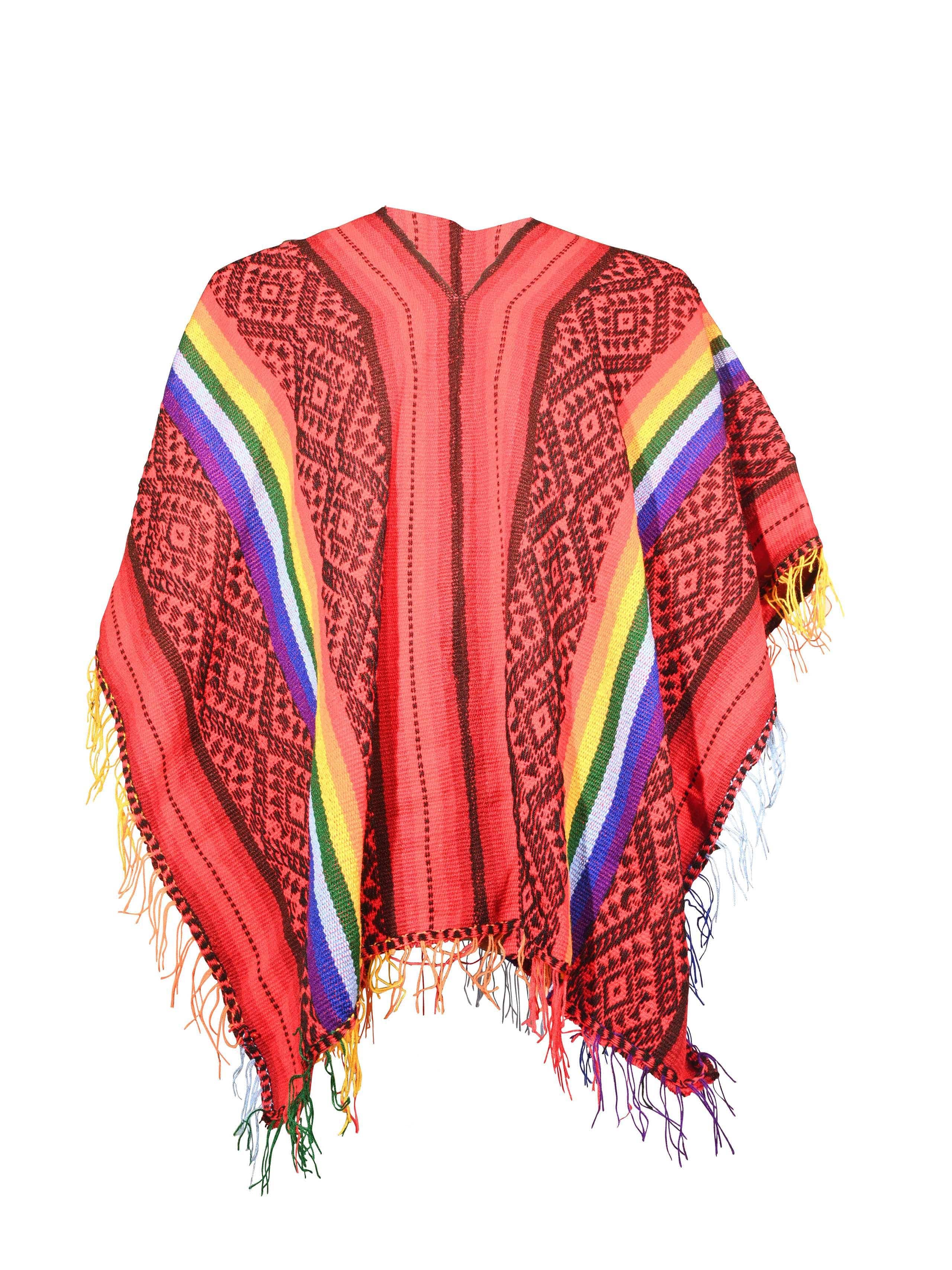 Peruvian Traditional Wool Blend Poncho - Red/Black/Rainbow - Image 2