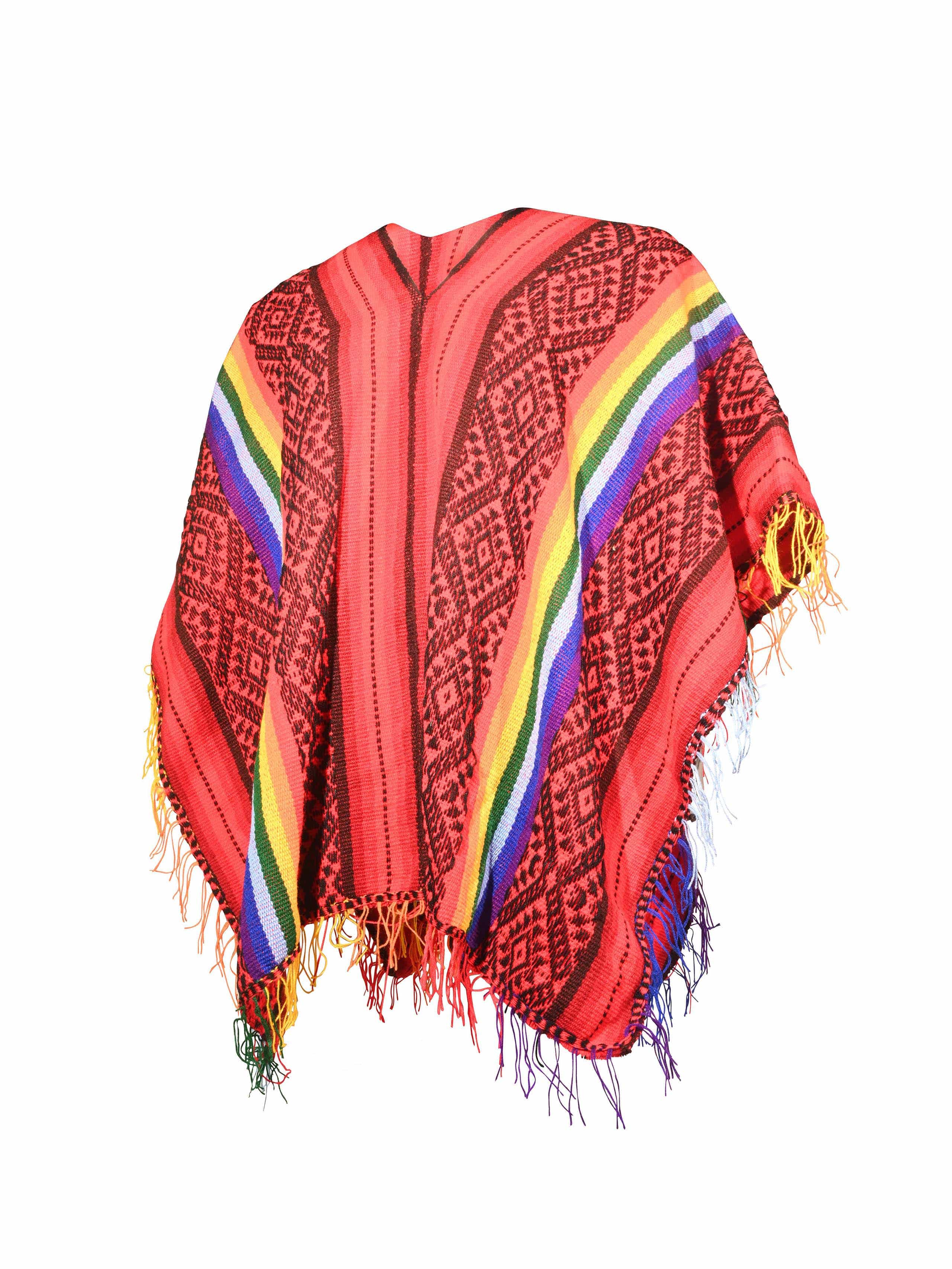 Peruvian Traditional Wool Blend Poncho - Red/Black/Rainbow - Image 3