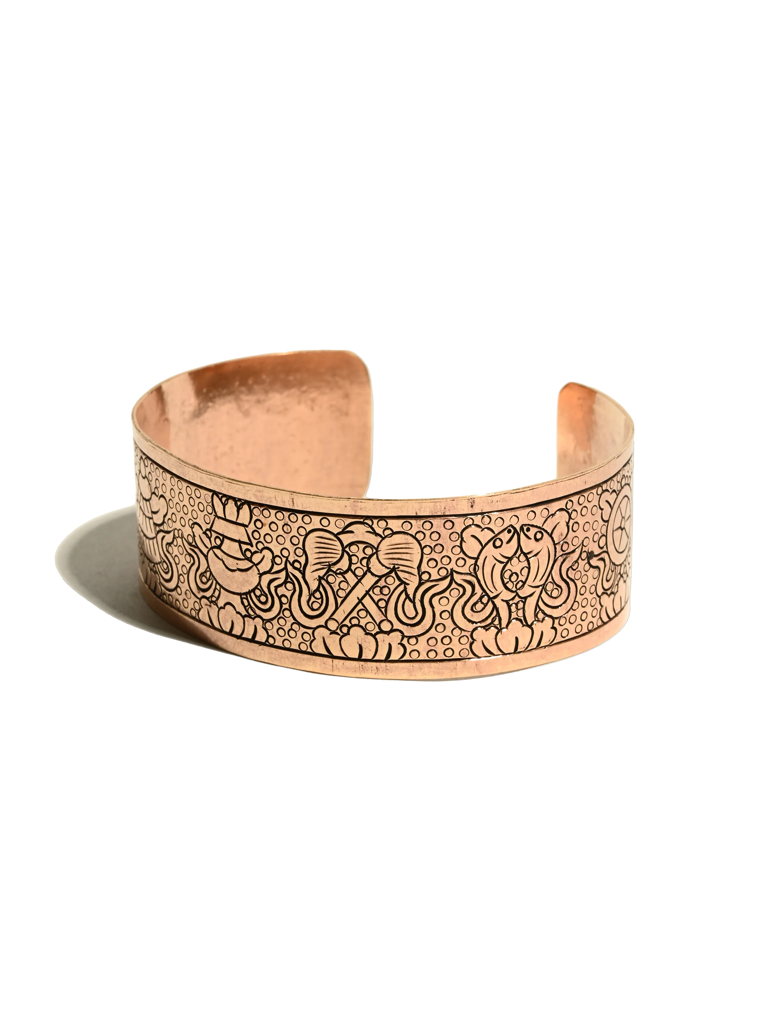 Tibetan Eight Auspicious Symbols Copper Cuff Bracelet - Adjustable - Image 2