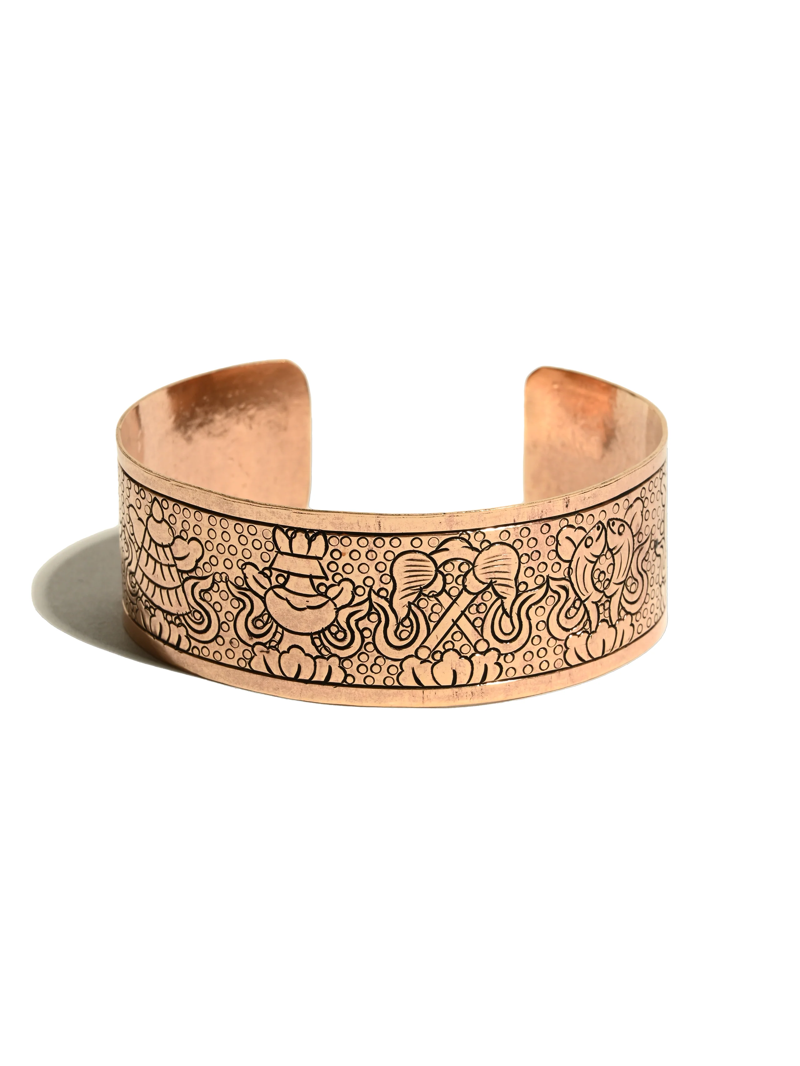 Tibetan Eight Auspicious Symbols Copper Cuff Bracelet - Adjustable - Image 4